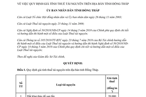 Quyết định 01/2013/QĐ-UBND giá tính thuế tài nguyên tỉnh Đồng Tháp