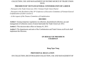 Decision No. 170/QD-TLD issuing temporary provisions on collection decentralize