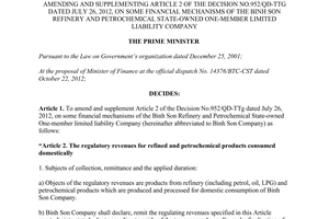 Decision No. 138/QD-TTg 2013 amending No. 952/QD-TTg financial mechanisms of the Binh Son company