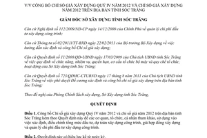Quyết định 02/QĐ-SXD năm 2013 công bố Chỉ số giá xây dựng Quý IV năm 2012 Sóc Trăng