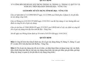 Quyết định 05/QĐ-SXD 2013 chỉ số giá xây dựng tháng 10 11 12 quý IV 2012  Bà Rịa Vũng Tàu