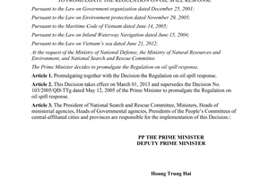 Decision No.02/2013/QD-TTg promulgate the regulation on oil spill response