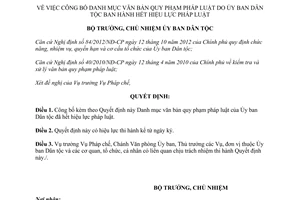 Quyết định 23/QĐ-UBDT năm 2013 công bố Danh mục văn bản quy phạm pháp luật