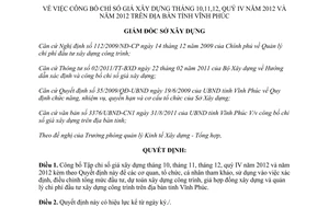 Quyết định 111/QĐ-SXD 2013 công bố chỉ số giá xây dựng tháng 10 11 12 quý IV năm 2012 Vĩnh Phúc
