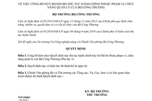 Quyết định 339/QĐ-BCT năm 2013 công bố thủ tục hành chính của Bộ Công Thương