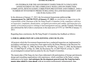 Announcement No. 12/TB-UBND on feedback for the government inspectorate’s conclu