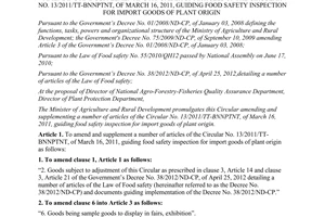 Circular No. 05/2013/TT-BNNPTNT of January 21, 2013, amending and supplementing a number of articles of the Circular No. 13/2011/TT-BNNPTNT, of March 16, 2011, guiding food safety inspection for import goods of plant origin