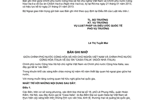 Thông báo hiệu lực của Bản ghi nhớ về Dự án CASA I-ta-li-a (Ngôi nhà I-ta-li-a)