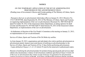 Notice No. 457/TB-SVHTTDL-PVHGD the set of administrative procedures in the advertisement