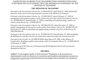 Decision No. 228/QD-BGTVT promulgating regulation on the assessment on implement