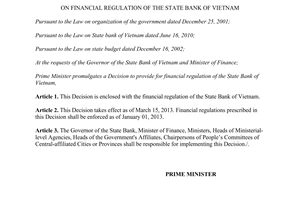 Decision 07/2013/QD-TTg financial regulation the State Bank Vietnam