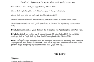 Quyết định 07/2013/QĐ-TTg chế độ tài chính của Ngân hàng Nhà nước Việt Nam