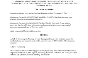 Decision No. 228/QD-TTg water drainage waste water treatment system for residential areas within cau river