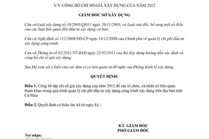 Quyết định 20/QĐ-SXD năm 2013 công bố chỉ số giá xây dựng năm 2012 Sở Xây dựng Cà Mau