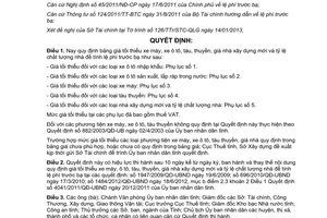 Quyết định 290/2013/QĐ-UBND quy định bảng giá tối thiểu xe máy ô tô tàu thuyền