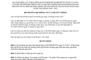 Quyết định 102/QĐ-BTTTT năm 2013 gia hạn hiệu lực thực hiện Quyết định 382/QĐ