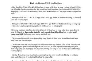 Công văn 316/BKHCN-TTKHCN thực hiện chế độ báo cáo thống kê cơ sở và tổng hợp