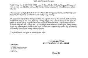 Công văn 1902/BCT-HC năm 2013 nợ Giấy xác nhận khai báo hóa chất