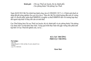 Công văn 466/CT-THNVDT triển khai công văn 1990/BTC-TCT thuế sử dụng đất phi NN