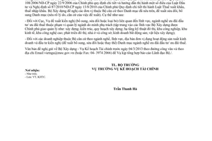 Công văn 33/BXD-KHTC xây dựng danh mục lĩnh vực và địa bàn ưu đãi đầu tư