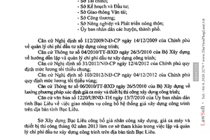 Công văn 108/SXD-QLXD công bố giá nhân công giá ca máy thiết bị thi công 02/2013 Bạc Liêu