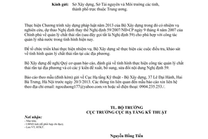 Công văn 03/BXD-HTKT điều tra khảo sát thực trạng tình hình quản lý chất thải