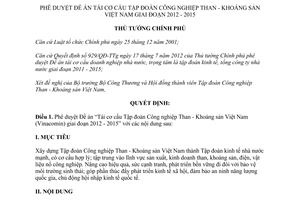 Quyết định 314/QĐ-TTg phê duyệt Đề án Tái cơ cấu Tập đoàn Công nghiệp Than