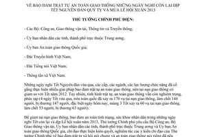 Công điện số 231/CĐ-TTg bảo đảm trật tự an toàn giao thông tết quý tỵ