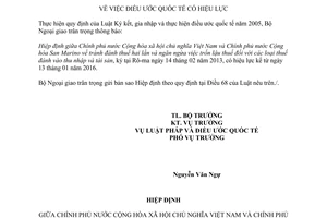 Thông báo 11/2016/TB-LPQT hiệp định tránh đánh thuế hai lần trốn lậu thuế thu nhập tài sản San Marino