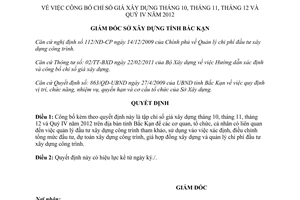 Quyết định 82/QĐ-SXD 2013 chỉ số giá xây dựng tháng 10 11 12  Quý IV năm 2012 Bắc Kạn
