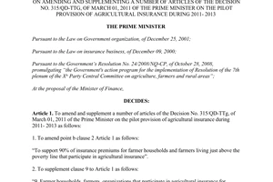 Decision No. 358/QD-TTg on amending and supplementing a number of articles