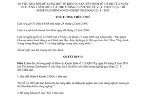 Quyết định 358/QĐ-TTg năm 2013 sửa đổi Quyết định 315/QĐ-TTg thí điểm bảo hiểm
