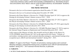Decision No. 371/QD-TTg to approve the project Transfer of curriculums trainin