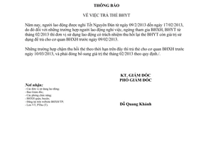 Thông báo 410/TB-BHXH trả thẻ bảo hiểm y tế