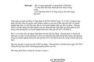 Công văn 845/LĐTBXH-LĐTL lao động trong doanh nghiệp Nhà nước nắm trên 50% vốn