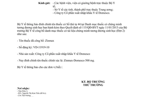 Công văn 1613/BYT-QLD đính chính tên thuốc Danh mục thuốc có chứng minh