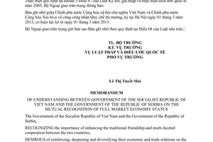 Bản ghi nhớ công nhận Quy chế thị trường giữa Việt Nam và Serbia