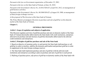 Decision No. 16/2013/QD-TTg on purchase and sale of gold bar on domestic market