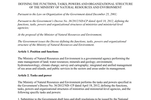 Decree No.21/2013/ND-CP functions Ministry of Natural Resources and Environment