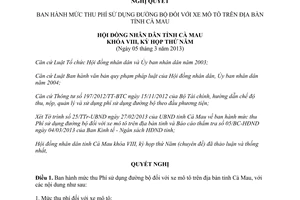 Nghị quyết 01/2013/NQ-HĐND mức thu phí sử dụng đường bộ đối với xe mô tô tại Cà Mau