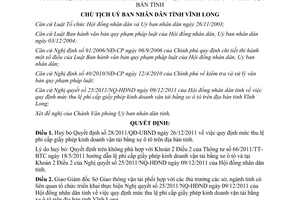 Quyết định 433/QĐ-UBND 2013 lệ phí cấp giấy phép kinh doanh vận tải Vĩnh Long