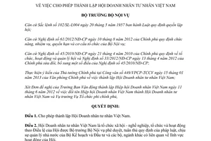 Quyết định 192/QĐ-BNV năm 2013 cho phép thành lập Hội Doanh nhân tư nhân