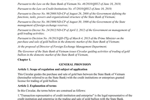 Circular No. 06/2013/TT-NHNN guiding the trading of gold bullion in domestic mar
