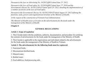 Circular No. 08/2013/TT-BYT on the advertisements for the foods under the manage