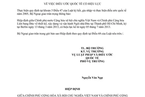 Thông báo 35/2013/TB-LPQT hiệu lực Hiệp định thiết kế xây dựng vận hành Ngôi nhà Đức