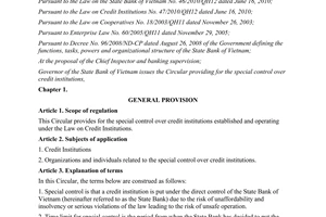 Circular No. 07/2013/TT-NHNN provisions on special control for credit institutio