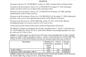 Circular No. 28/2013/TT-BTC adjusting import tax rates for used cars specified