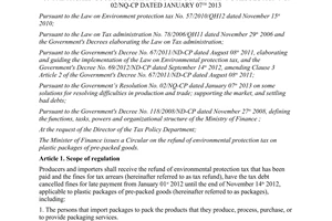 Circular No. 30/2013/TT-BTC on the refund of environmental protection tax on pla