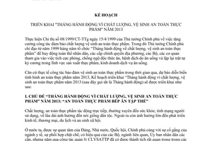 Kế hoạch 06/KH-BCĐTƯVSATTP triển khai Tháng hành động vì chất lượng vệ sinh