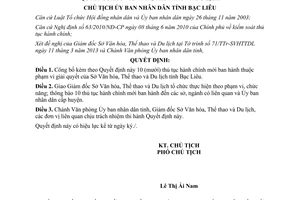 Quyết định 609/QĐ-UBND 2013 thủ tục hành chính mới Sở Văn hóa Bạc Liêu